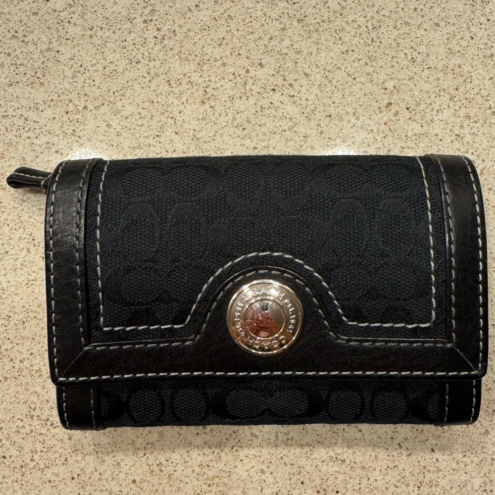 Coach Black Wallet with Silver Button Accent